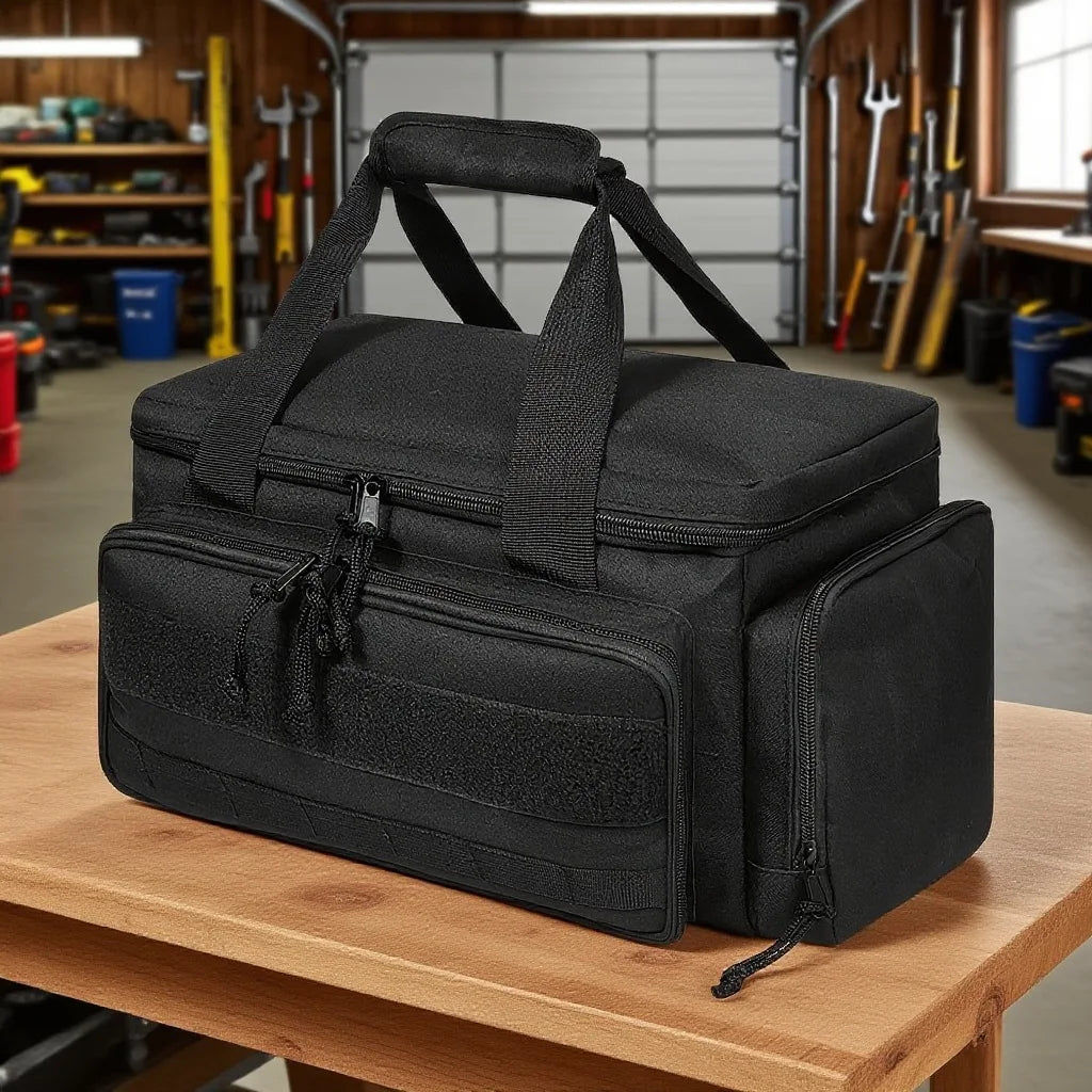A black 14-inch heavy duty tool bag with shoulder straps resting on a wooden surface.