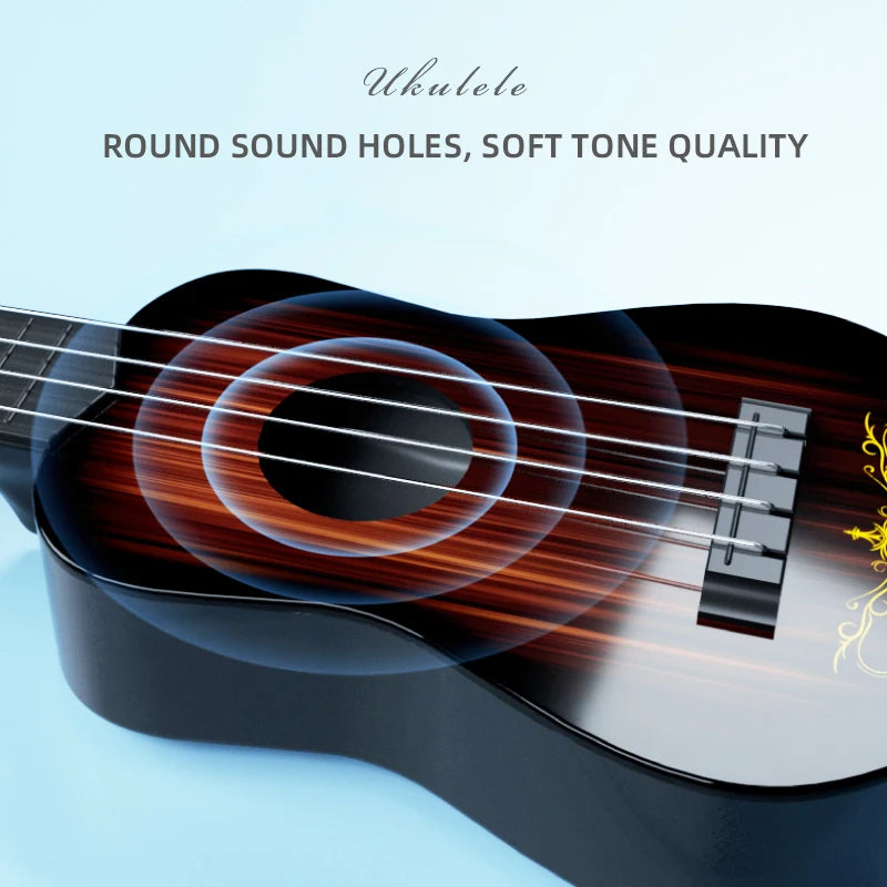 A black ukulele guitar with glowing sound holes and a pick, shown in a close-up view.