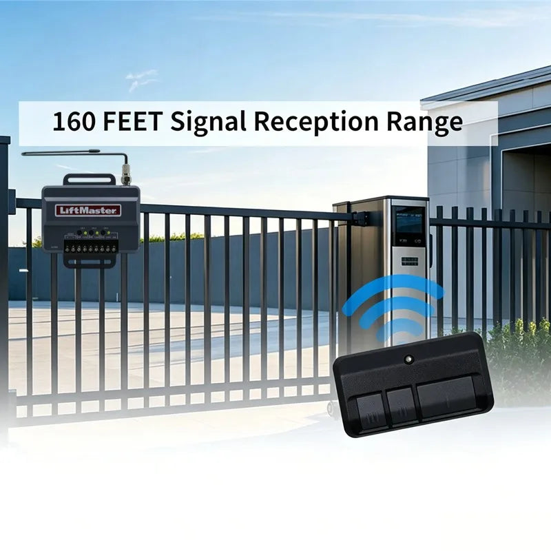 A black garage door opener receiver unit is shown near a black metal fence and a sensor device.