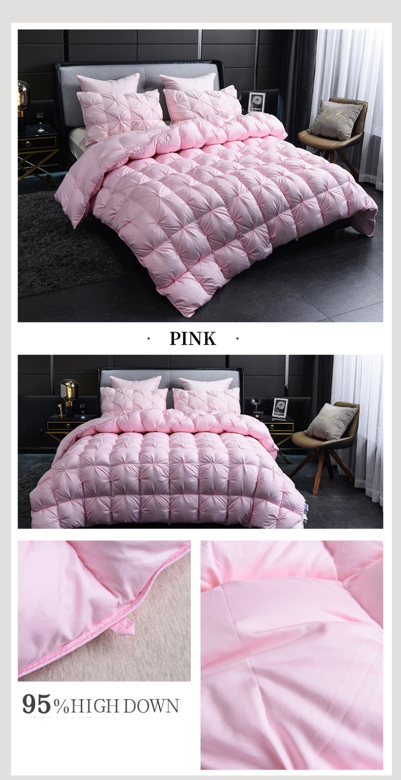 Pink quilted duvet cover and bedding set displayed on a bed in a modern bedroom setting.