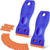 A set of blue razor blade scrapers with orange blades for removing adhesive, vinyl, and ceramic.