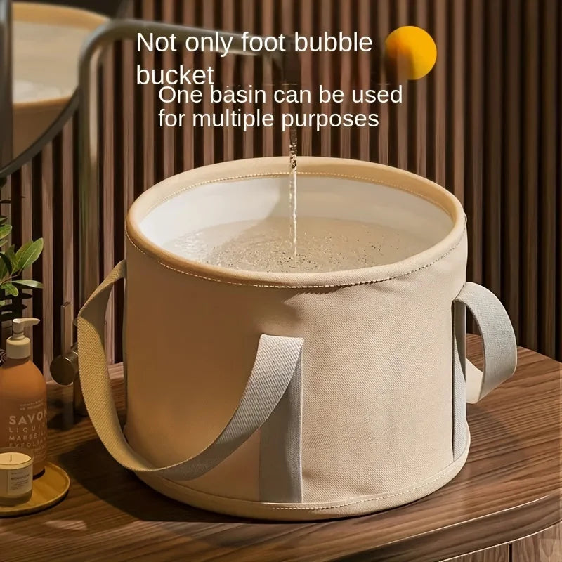 A beige fabric foot soak tub is shown with a liquid being poured into it, emphasizing its multi-purpose use.