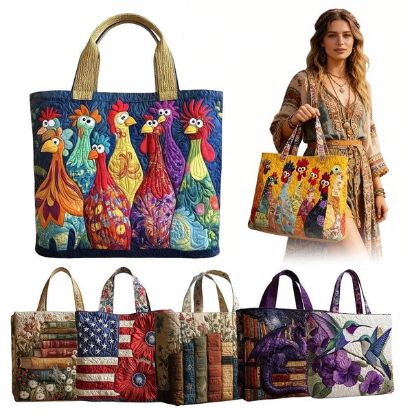 Colección de bolsas tote acolchadas vintage con bordados de gallos coloridos y patrones florales.