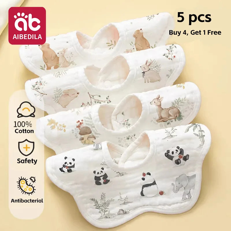A pack of five white soft cotton muslin bandana bibs for babies with an antibacterial design.