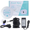 A white ionic foot spa device with a black adapter and power cord shown next to its packaging box.