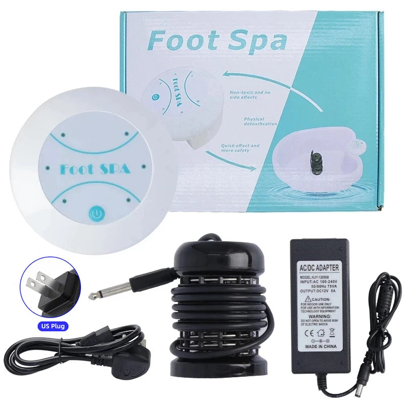 A white ionic foot spa device with a black adapter and power cord shown next to its packaging box.
