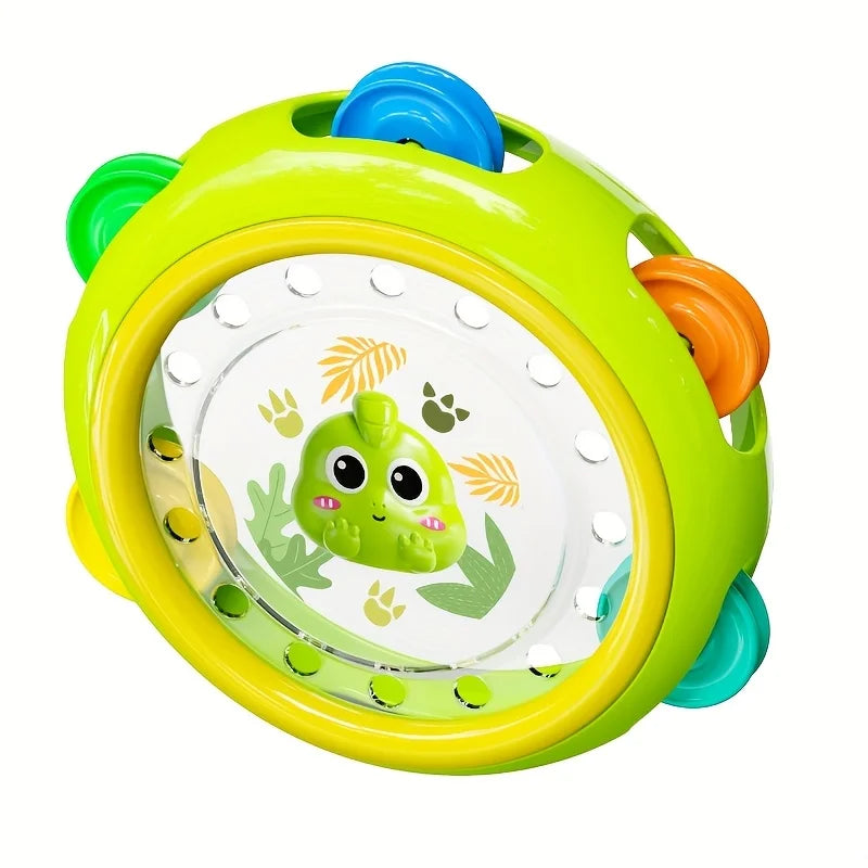 A bright lime green baby sensory spinning rattle toy set with blue and orange accents.