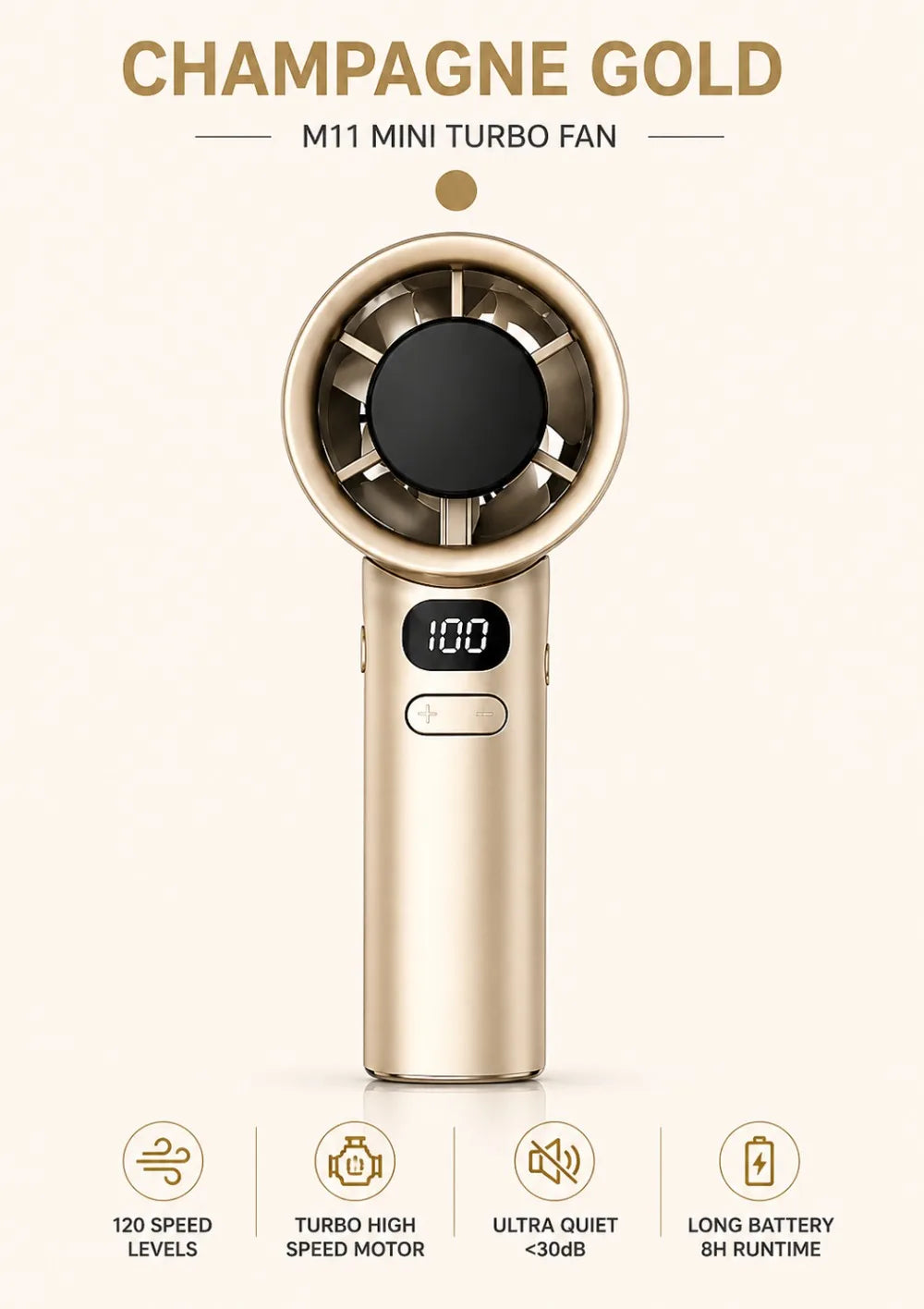 A gold portable handheld fan with a digital display showing 100, featuring 120 speed levels and 8-hour runtime.