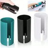 A portable wrapping paper cutter shown in black and teal colors, demonstrating its sliding blade mechanism.