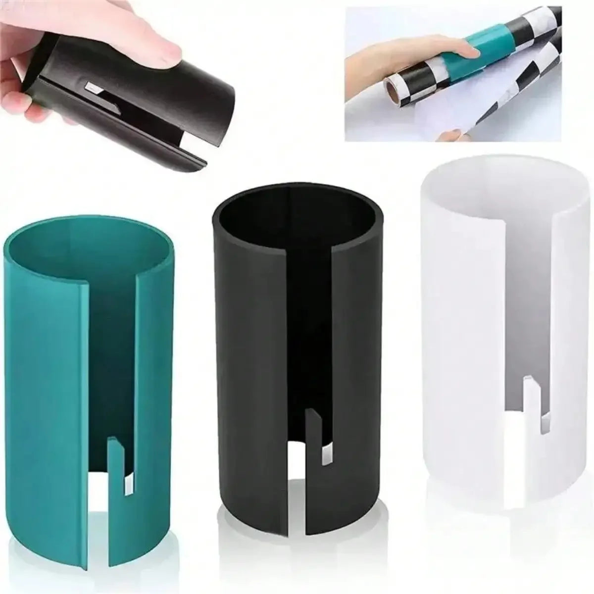 A portable wrapping paper cutter shown in black and teal colors, demonstrating its sliding blade mechanism.
