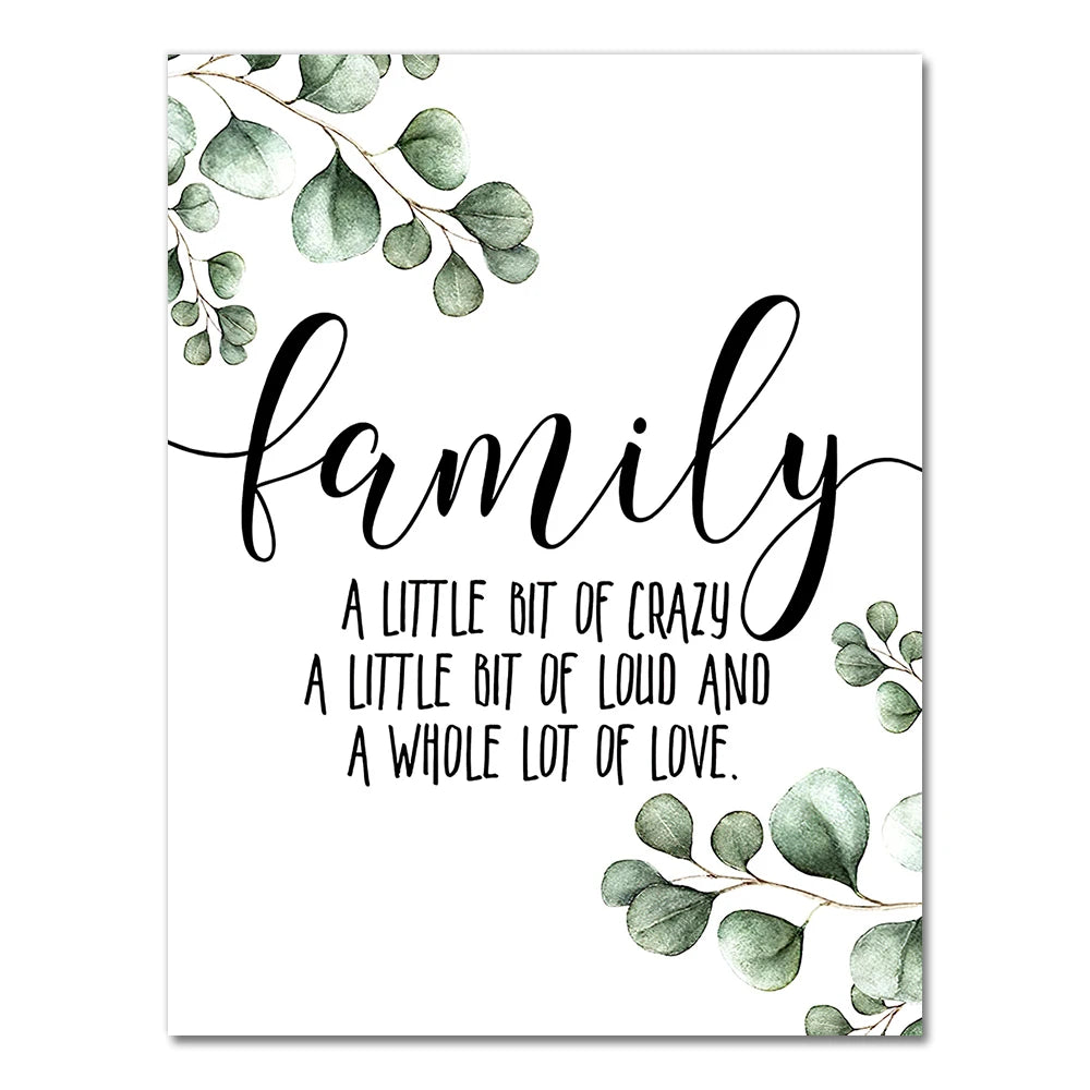 Family Quote Canvas Wall Art – Minimalist Green Leaf Print