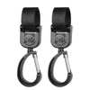 A pair of black 360° rotating stroller hooks designed for hanging bags and essentials.