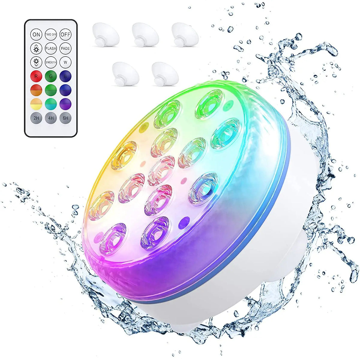 A colorful submersible LED pool light with a remote control and power switch is shown splashing water.