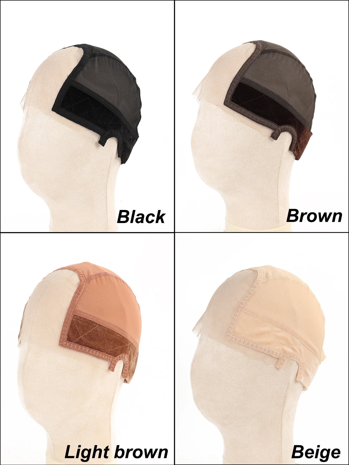 Vier Varianten eines verstellbaren Samt-Perückengriff-Stirnsbandes in Schwarz, Braun, Hellbraun und Beige.