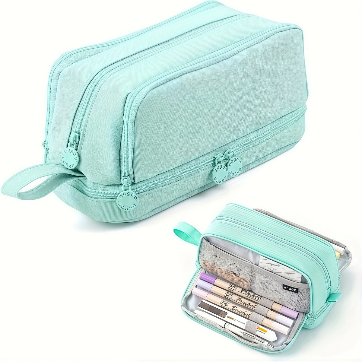 A mint green large capacity fabric pencil case with zipper details and an open view of its contents.