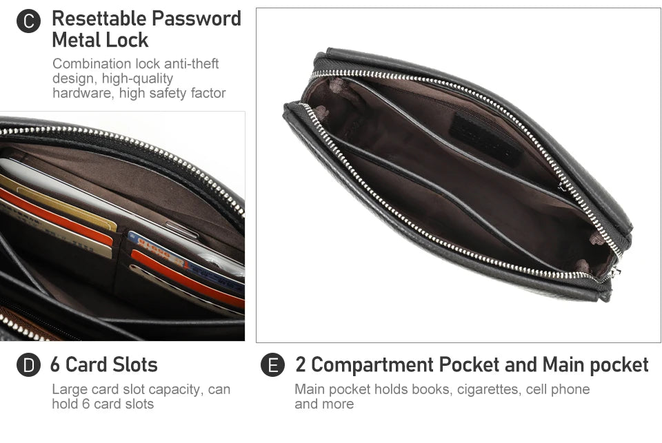 Men's Full-Grain Leather Clutch with Password Lock