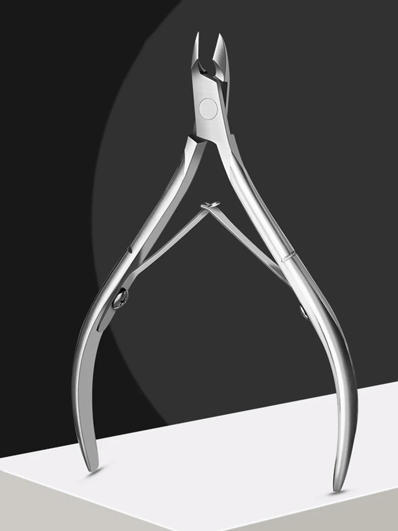A pair of professional stainless steel cuticle nippers shown against a dark background.