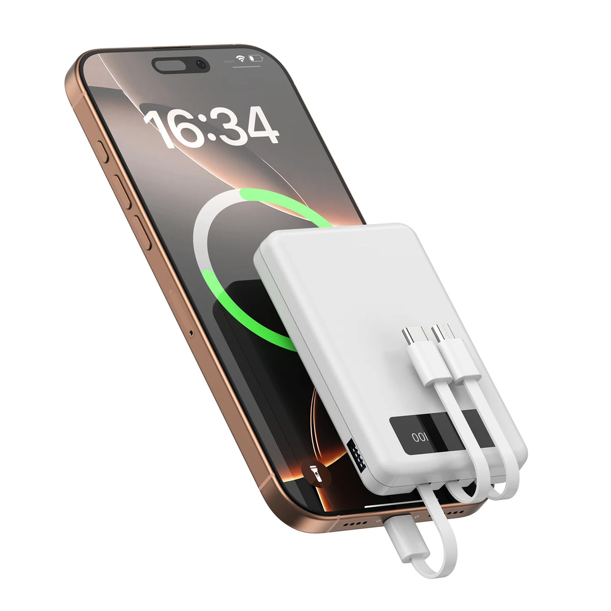 Slim 10000mAh Power Bank with Digital Display and Built-In Cables