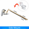 Brass toilet tank flush lever with side mount design shown with dimensions and an inset of the installation.