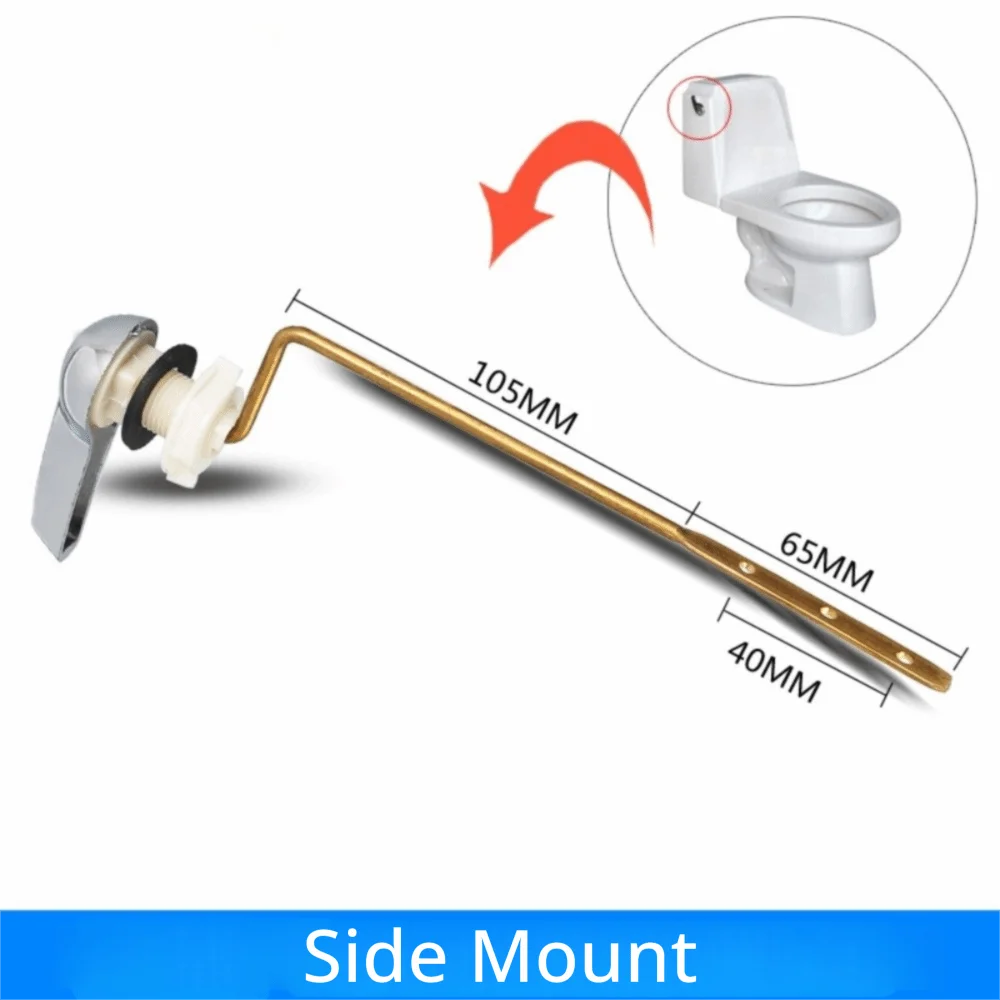 Brass toilet tank flush lever with side mount design shown with dimensions and an inset of the installation.