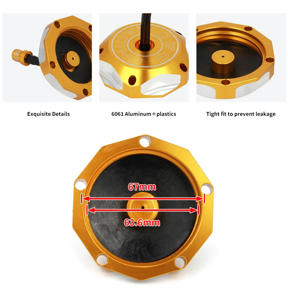 A round, gold-colored aluminum fuel tank cap with a black rubber seal and mounting features.