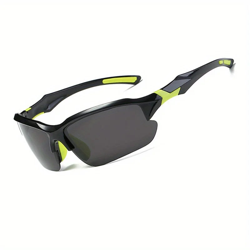 Eine schwarze polarisierte Sportbrille mit neongelben Akzenten, von oben betrachtet.