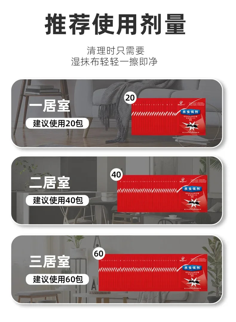 Instructions showing recommended quantities of high-strength ant bait for one, two, and three rooms.