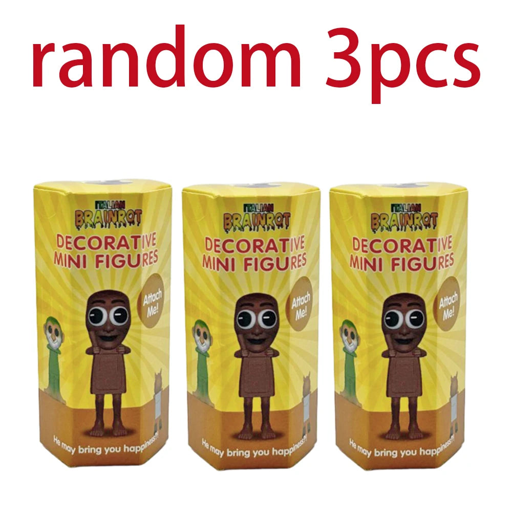 Three yellow packaging boxes for random mini figures featuring a brown figure with green hair.