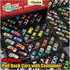 A box of 48 pull-back cars with a container showing various colored plastic toy vehicles.