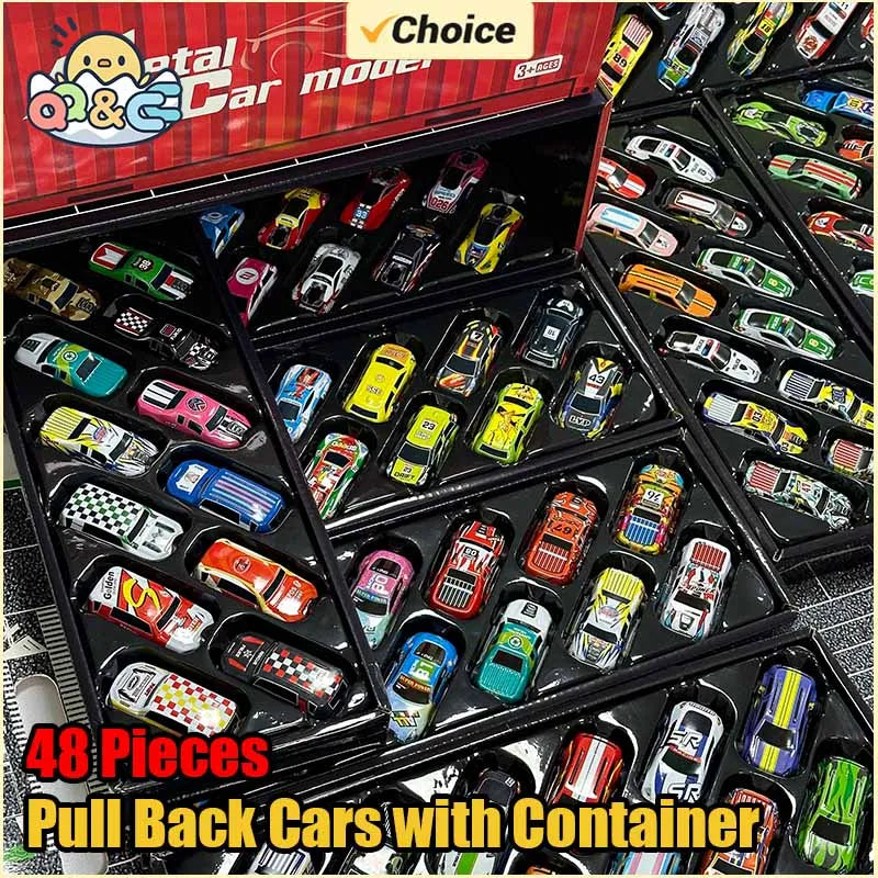 A box of 48 pull-back cars with a container showing various colored plastic toy vehicles.