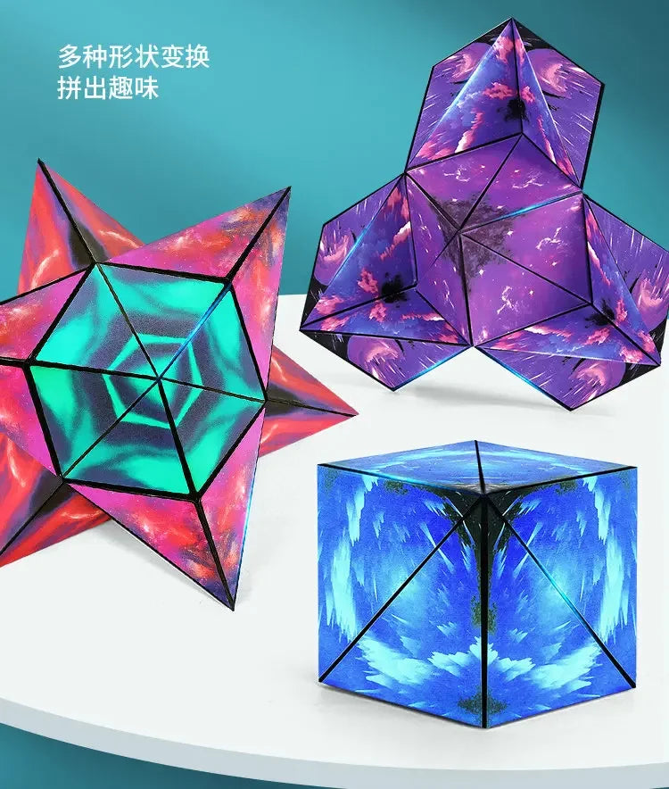 A set of magnetic fidget cubes showing various geometric shapes and colors, including purple, pink, cyan, and blue.