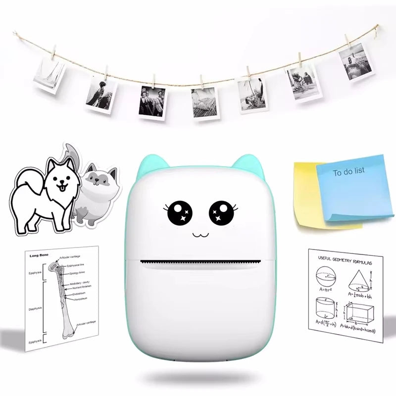 A white portable Bluetooth thermal printer is shown with various related items including a string of photos and some geometry