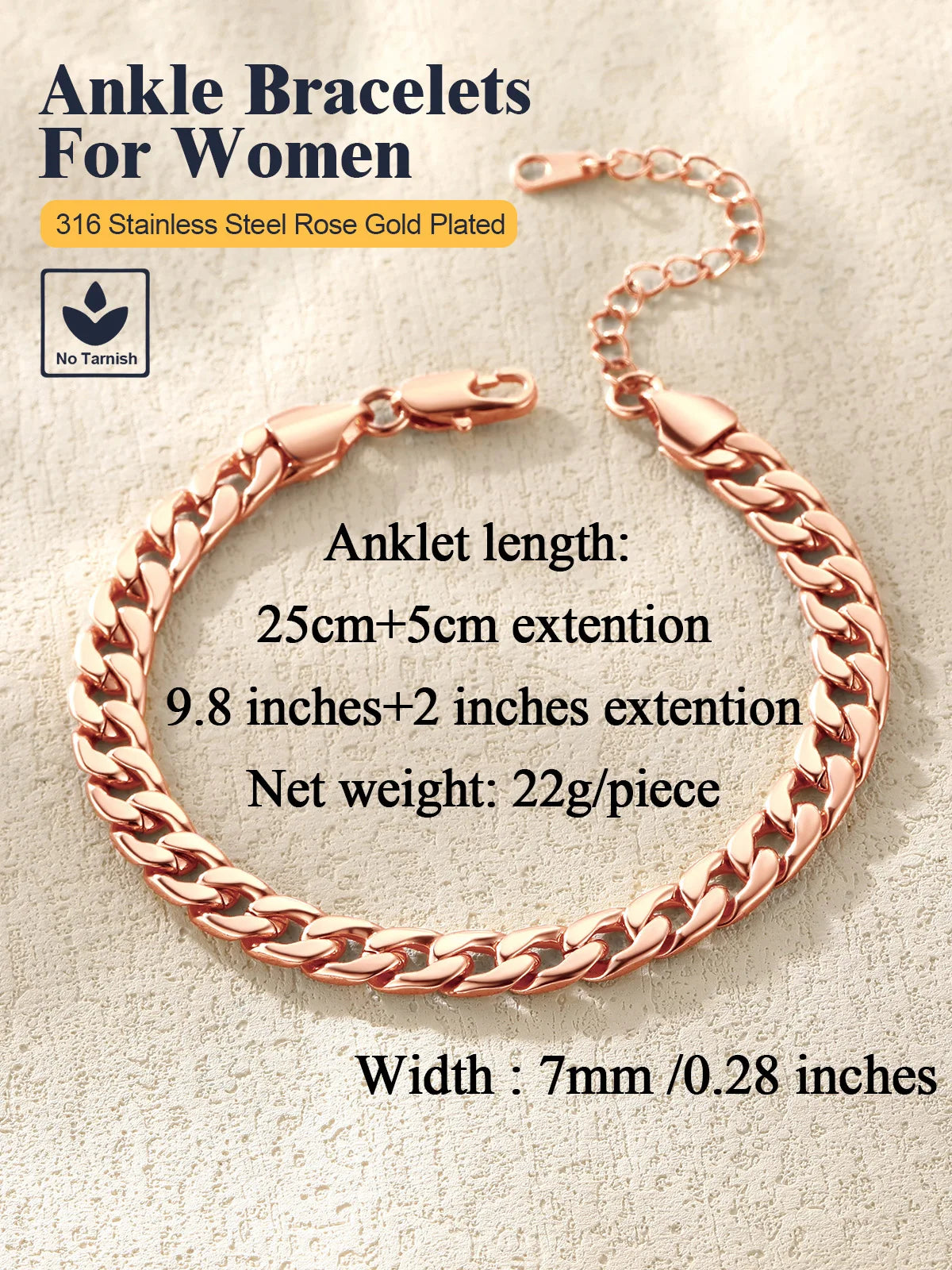 A rose gold plated stainless steel ankle bracelet featuring a Cuban chain design.