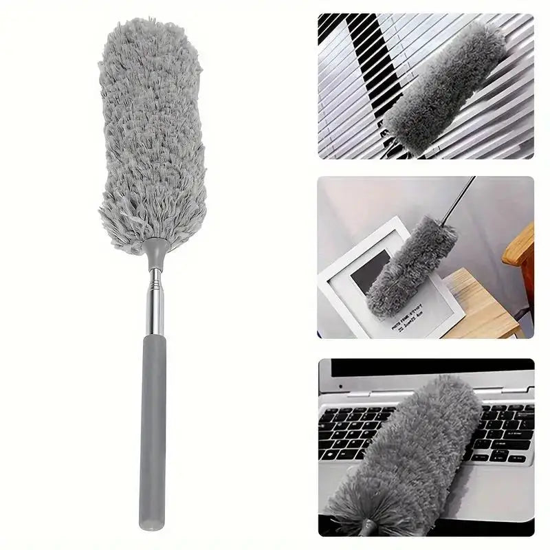 Un chiffon microfibre gris extensible avec une tête flexible, montré sous divers angles.