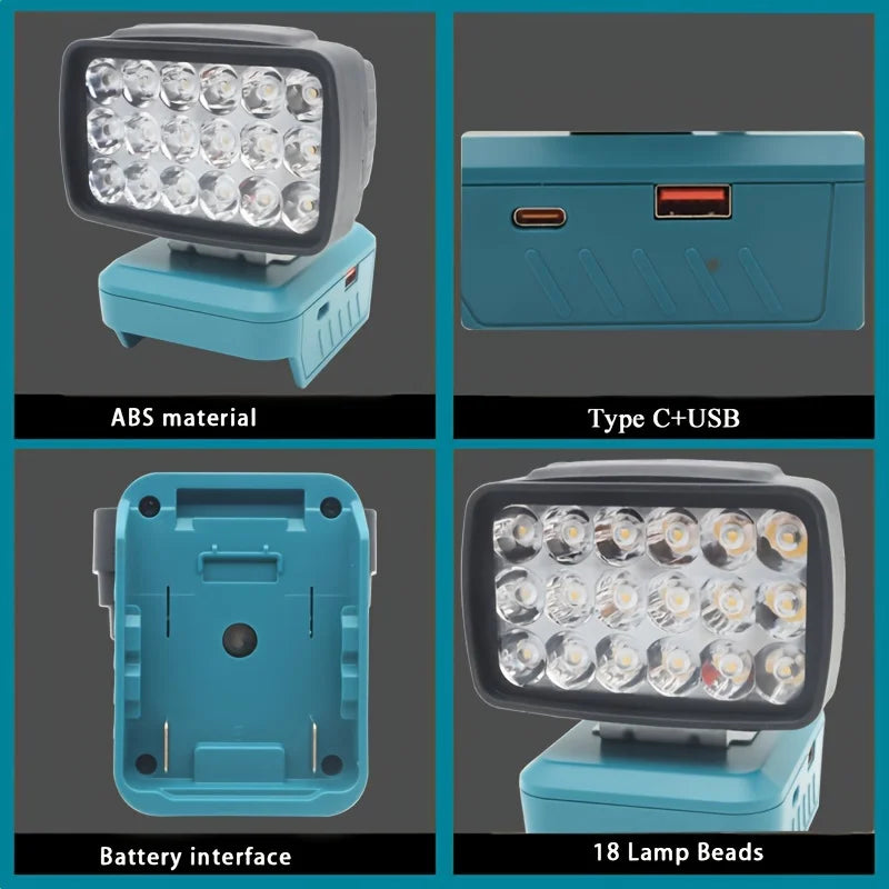 Portable LED work light with 18 lamp beads and Type C USB interface for Makita batteries