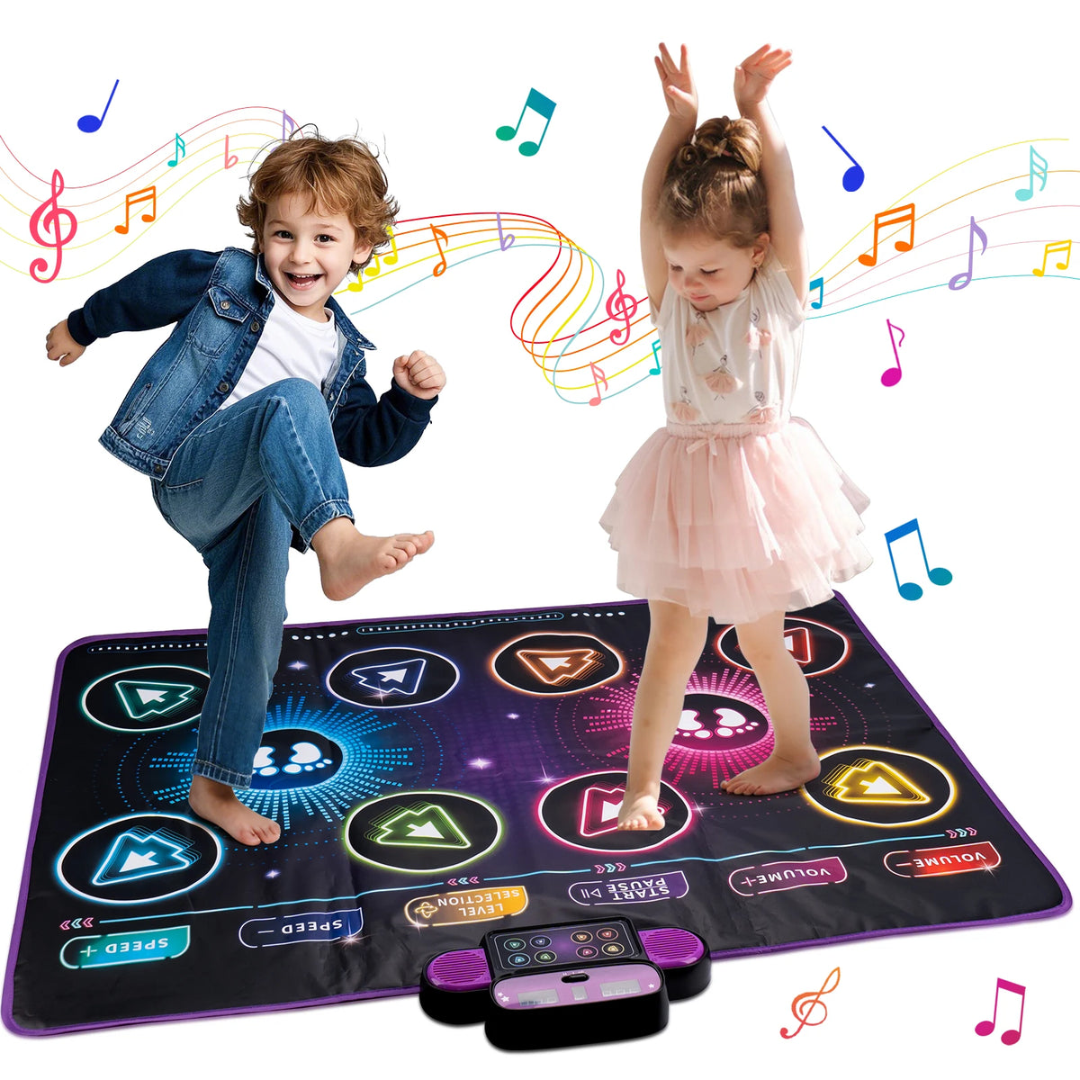 A young girl and boy dancing on an interactive music dance mat with lights for kids.