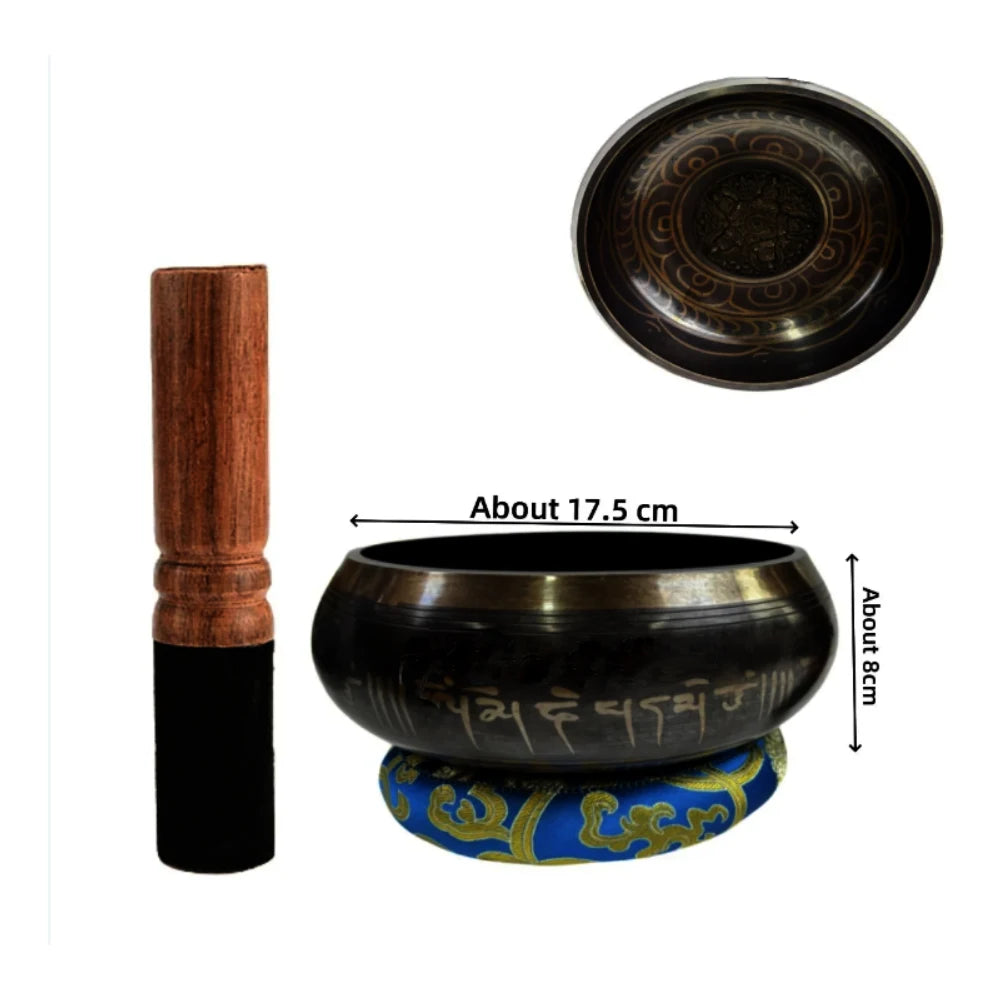 A handcrafted Tibetan singing bowl with a wooden striker and blue cushion shown in various views.