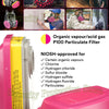 Pink full-face respirator mask with yellow filter cartridge and various protection scenarios shown.