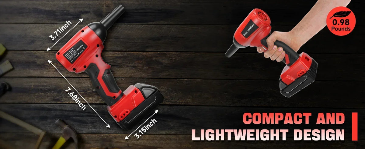 A hand holds a red cordless handheld turbo blower, demonstrating its compact and lightweight design.