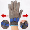 A pair of stainless steel cut-resistant safety gloves with blue wrist straps shown on a hand.