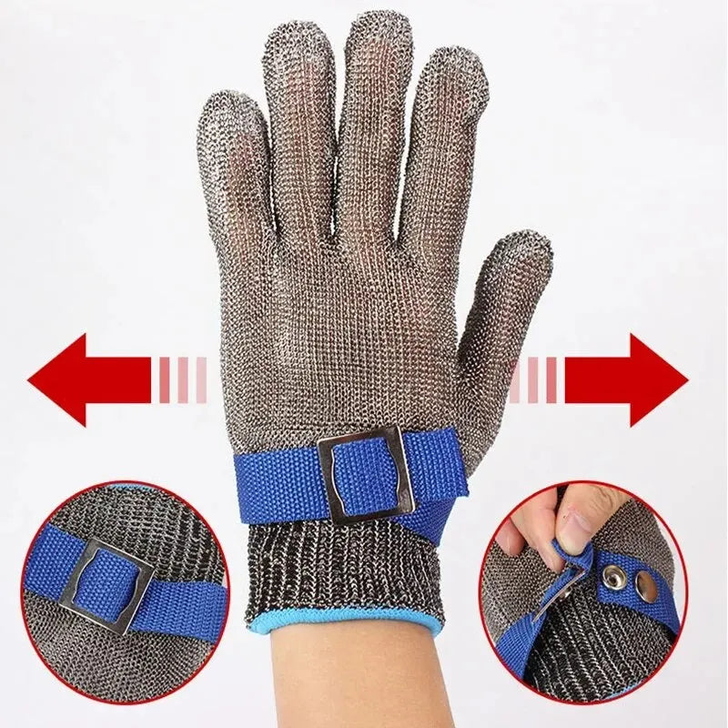 A pair of stainless steel cut-resistant safety gloves with blue wrist straps shown on a hand.