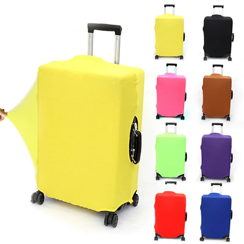 A collection of brightly colored elastic travel luggage covers for suitcases displayed in various shades including yellow, pi