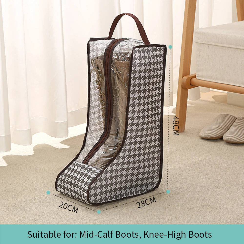 A black and white patterned waterproof boot storage bag with a handle, shown next to a wooden frame.