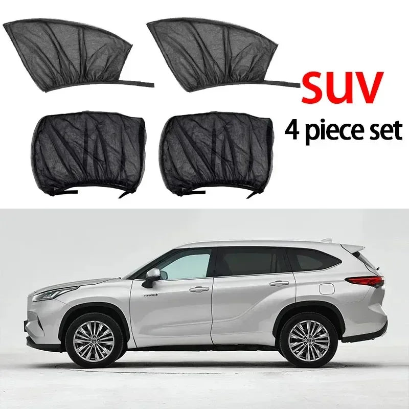 A set of four black car side window sunshades with mosquito mesh for a SUV.