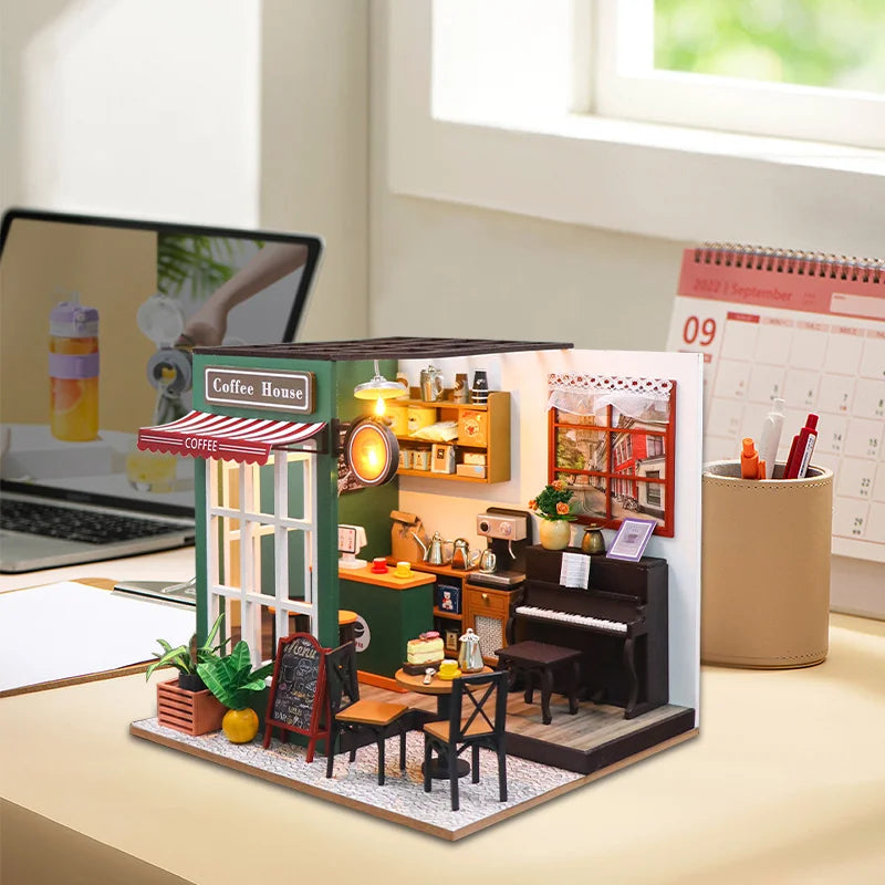 DIY Wooden Dollhouse Miniature Coffee Shop Model Kit