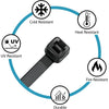 A black nylon cable tie is shown within a circular diagram illustrating its resistance to cold, heat, UV light, fire, and dur