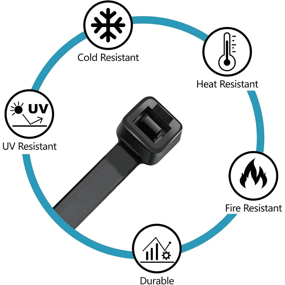 A black nylon cable tie is shown within a circular diagram illustrating its resistance to cold, heat, UV light, fire, and dur
