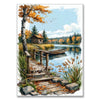 A watercolor painting of a wooden dock and forest landscape with autumn trees and water.