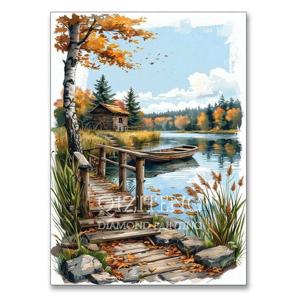 A watercolor painting of a wooden dock and forest landscape with autumn trees and water.