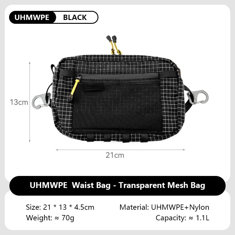 Black UHMWPE waist bag with yellow straps and transparent mesh material